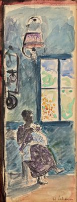 un tableau représentant une femme debout devant une fenêtre