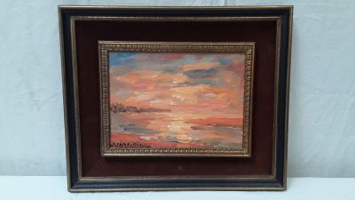 an oil painting of a sunset over a body of water
