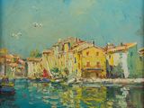 une peinture à l'huile d'une scène portuaire avec des bateaux dans l'eau