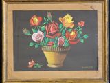 une peinture représentant des roses dans un vase jaune sur fond noir