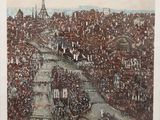 peinture d'une vue d'une ville avec une tour d'horloge au loin