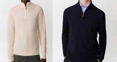 deux hommes en pull, debout l'un à côté de l'autre sur un fond blanc