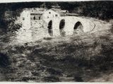 an image of a black and white drawing of a bridge over a river