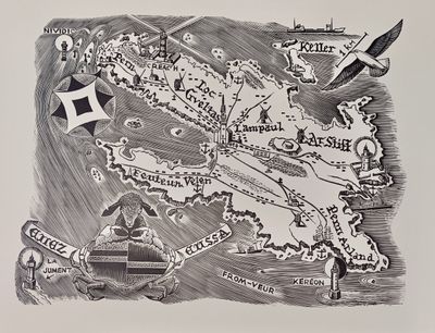 dessin représentant une carte en noir et blanc sur laquelle survole un avion