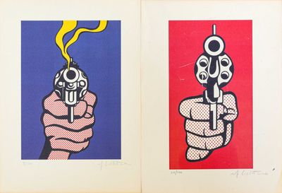 deux tableaux représentant des armes à feu sur un fond rouge, bleu et jaune