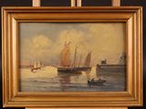 an oil painting of a sailboat in a body of water with a lighthouse in the background