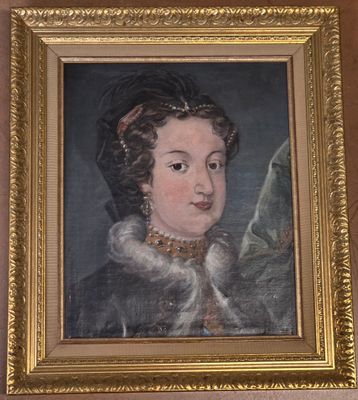 painting of a woman in a black dress with a gold frame