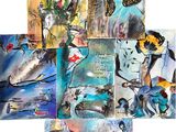 several paintings of people and animals are shown in a collage