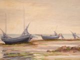 three boats that are sitting on the shore by the water