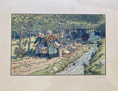 a picture of a painting of a woman with baskets