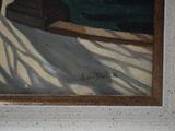 a picture of a painting of a cat sitting on a bench