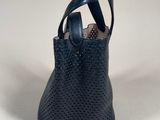 navy blue perforated leather handbag with strap
