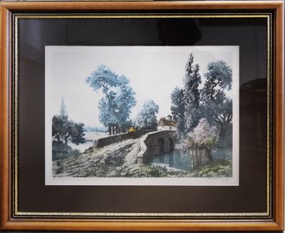 peinture représentant un paysage avec un pont et des arbres en arrière-plan
