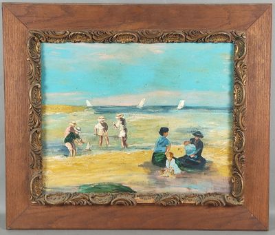 une peinture à l'huile représentant des personnes sur la plage, au bord de l'océan