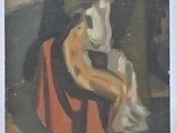une peinture à l'huile représentant un homme assis sur une chaise devant une fenêtre
