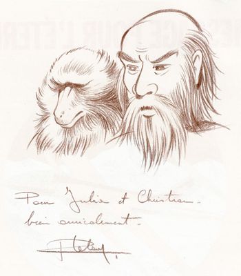dessin représentant un homme barbu et un singe sur une feuille de papier
