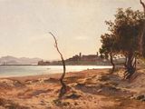 painting of a view of a beach with trees and a body of water