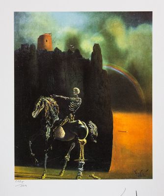 une image représentant un tableau où l'on voit un squelette à cheval devant un château