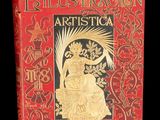 an old red book with gold lettering and a woman in a dress