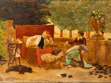 painting of a man and a woman sitting on a couch in a garden