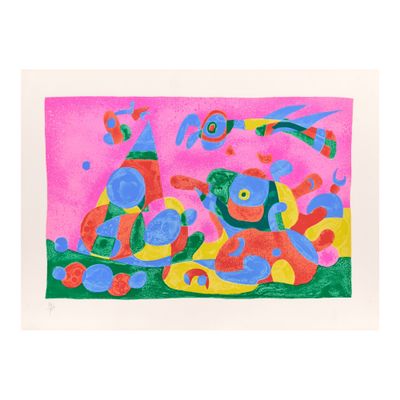 an image of a painting of a dog and a cat on a pink background