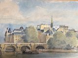 a picture of a painting of a castle on the water