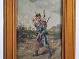 an old painting of a man holding a gun in a wooden frame
