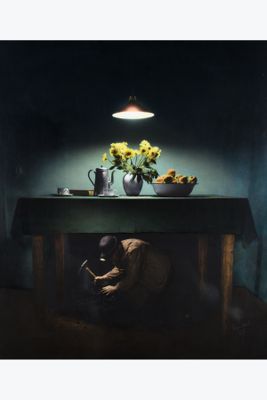 a painting of a dog under a table with sunflowers on it