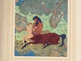 painting of a man sitting on a horse with a horse in the background