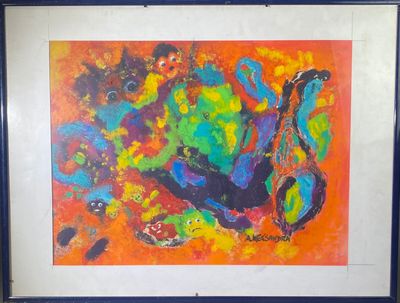 tableau encadré et monté sur passe-partout représentant une peinture abstraite colorée représentant une guitare