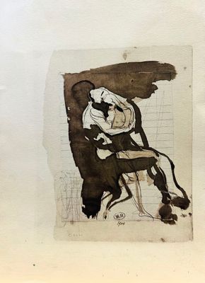 un dessin représentant un homme assis sur une chaise