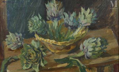 une peinture à l'huile représentant des artichauts dans un saladier posé sur une table