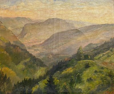 painting of a view of a valley with hills in the distance