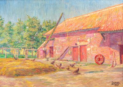 painting of a barn with chickens and a wheel in front of it
