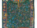 an image of a green, blue, and yellow tapestry with a tree of life on it