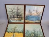 three paintings of horses in a field with trees in the background
