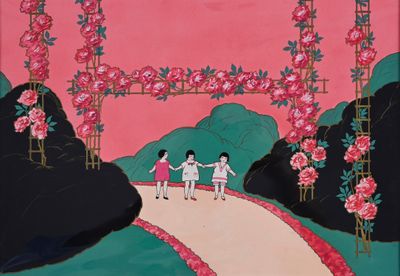 a painting of two people walking down a path