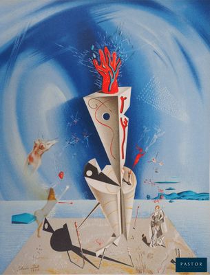 an image of a picture of a painting of a vase on a beach