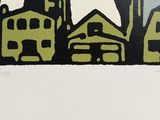 a picture of a painting of a city with a cup of coffee
