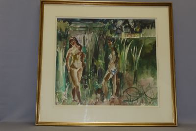 tableau représentant une femme et un homme dans un jardin, près d'une clôture