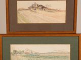 two watercolor paintings of a farm and a farm house