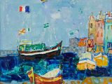 a painting of boats on the water near the shore