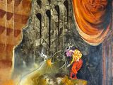 an oil painting of a man on a horse in front of a castle