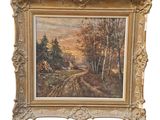 une peinture à l'huile représentant une route de campagne avec une grange au loin