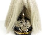 une image représentant un casque militaire surmonté d'une longue mèche de cheveux blancs