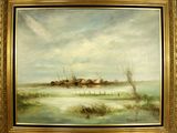 une peinture à l'huile représentant une scène de vie à la ferme, avec un étang au premier plan
