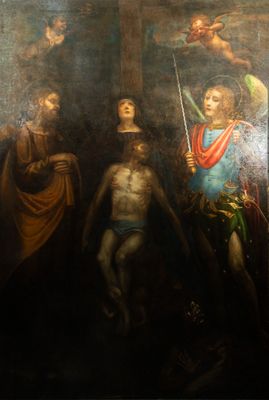 un tableau représentant Jésus sur la croix avec d'autres personnes