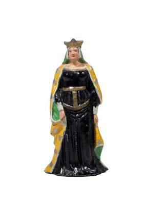 figurine of a woman in a black dress with a crown on her head