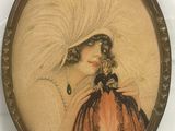 tableau représentant une femme coiffée d'un chapeau, avec un chat accroché à son revers