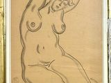dessin représentant une femme nue assise sur une chaise, les mains sur la tête